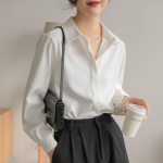 Kevadsuvine mood Naiste pikkade varrukatega, avara, soliidne &scaron;ifoonist pluus, naiste vabaaja s&auml;rgid. Kontorinaiste pidulik s&auml;rk L valge