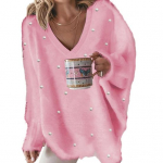 Naiste s&uuml;gistalvine sviiter, paksendatud pl&uuml;&uuml;sis pikkade varrukatega helmestega dekoor, vaba V kaelusega &uuml;hev&auml;rviline pehme pullover, kootud naiste kampsun XL roosa