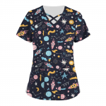 Suures suuruses armsad tr&uuml;kitud Scrub t&ouml;&ouml;vormi topid naistele V-kaelusega l&uuml;hikeste varrukatega l&otilde;busad T-s&auml;rgid taskutega t&ouml;&ouml;riiete s&auml;rk L must