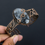 Natural Black Ocean Jasper Handmade Copper Wire Wrap Bangle Adjustable r9d56
