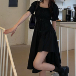 Naiste valge kleit suvine elegantne vintage Kawaii puhv varrukas Midi kleit, kandiline krae sidemega p&auml;ikesekleit, gooti r&otilde;ivad S must