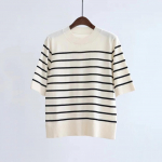 Naiste 100% puuvillane triibuline kootud top kaubam&auml;rgiga T-s&auml;rk Retro l&uuml;hikeste varrukatega &scaron;ikk &uuml;mara kaelusega T&auml;iesti sobiv lahtine T-s&auml;rk C-087 S beež