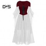 Naiste Cosplay kleit gooti stiilis n&otilde;id Halloweeni peokost&uuml;&uuml;m, pitsrihm V kaelus, v&auml;rviga sobiv pikkade sarvvarrukatega A-kujuline esinemiskleit XXXL must/punane