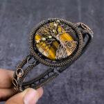 Natural Tiger Eye Gemstone Handmade Copper Wire Wrap Cuff Bangle Adjustable o1w52