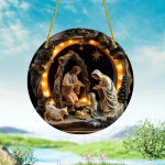 Sinal de madeira do pres&eacute;pio, 2D efeito relevo de Jesus, Ornamento de Natal redondo para igreja, decora&ccedil;&atilde;o pendurada na parede,