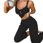 Naiste Cami 2-osaline pidžaamakomplekt Seksikas soonikkoes pits&auml;&auml;ris magamisriietus Varrukateta V-kaelusega l&uuml;hike topp Pikad p&uuml;ksid Vabaajariided S must