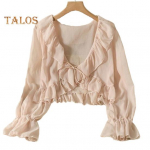 Sifonist kardigan V-kaelusega pitsidega paeltega kerge s&auml;rk &uuml;hev&auml;rviline volangidega suvine &otilde;huke p&auml;ikesekaitse s&auml;rk igap&auml;evaseks kandmiseks aprikoosi