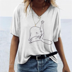 Suvised &uuml;mara kaelusega 3D kassipildiga pluusid, moodsad vabaaja l&uuml;hikeste varrukatega naiste T-s&auml;rgid S