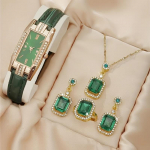 5-osaline vintage kivist kellakomplekt, pehmest PU-nahast rihm, tsingisulamist osuti, oivaliste k&otilde;rvar&otilde;ngaste ja kaelakeega t&auml;ielikult sobiv ehtekomplekt roheline