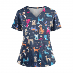 Suures suuruses tr&uuml;kitud Scrub t&ouml;&ouml;vormi topid Naistele V-kaelusega Halloweeni tr&uuml;kiga l&uuml;hikeste varrukatega l&otilde;busad T-s&auml;rgid taskutega t&ouml;&ouml;riiete T-s&auml;rk XXXL veini