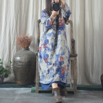 Johnature Women Print lilleline puuvillane linane kleit V-kaelusega pikkade varrukatega kevadised vabad vintage naiste kleidid One Size