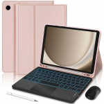 Klaviatuurikate Samsung Galaxy Tab A11 Plus / A9 Plus jaoks, Roosa nahaeefektiga, Taustvalgustusega klaviatuur + Hiir + Stylus