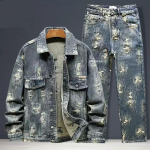 Kevad S&uuml;gis Meeste Denim Jakkide Komplekt Klassikaline Retro Cowboy teksap&uuml;kste Kaheosaline Komplekt Mitmek&uuml;lgne &Uuml;ler&otilde;ivas Vabaaja Jakk M sinine