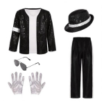Laste 80ndate 90ndate esinemis kost&uuml;&uuml;m, Must litritega jakk, Top, P&uuml;ksid, M&uuml;ts, Prillid, Kindad, 7-osaline tantsupeo riietus Halloweeni, Lava jaoks L black