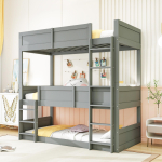 Kolmekorruseline narivoodi 90*200 cm, T&auml;ispuidust lippidest, K&otilde;rgendatud voodi, K&otilde;rge piirdega disain, Lastevoodi, Puidust voodi, Hall 205 x 95 x 191 cm hall