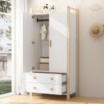 2-ukseline riidekapp riidepuutoruga, 2 sahtlit, sobib magamistuppa, elutuppa, esikusse, valmistatud puitlaastplaadist, valge korpus + m&auml;nnipuidust raam, 90x45x180 cm 90 x 45 x 180 cm