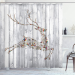 Hirve du&scaron;ikardin v&auml;rviline loomade siluett J&otilde;uluelemendid Puidust plangud Teema Riie Kangas Vannitoa sisustuskomplekt koos konksudega W90xH180cm