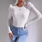 Spring/Summer European and American Amazon Fashion Jacquard Solid Color Long sleeved Hollow Slim Tight Top S valge