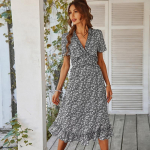 Kevadsuvi Lilletr&uuml;kiga pikk kleit naistele vabaaja A-joon V-kaelusega k&otilde;rge v&ouml;&ouml;kohaga &otilde;huke l&uuml;hikeste varrukatega &scaron;ifoon S-XL XL must