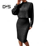 2 tk/komplekt Naiste top-kleit-&uuml;likond Mock-krae, niit pikkade varrukatega kampsun V-kaelusega mantel Slim Fit varrukateta &uuml;hev&auml;rviline Midi-kleit pendelr&auml;ndele tutvumine XL aprikoosi