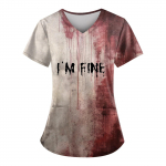 Suures suuruses tr&uuml;kitud Scrub t&ouml;&ouml;vormi topid Naistele V-kaelusega Halloweeni tr&uuml;kiga l&uuml;hikeste varrukatega l&otilde;busad T-s&auml;rgid taskutega t&ouml;&ouml;riiete T-s&auml;rk XXL punane