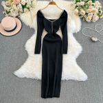Stiilne kivega kitsas seljataha avatud ruudukujulise kaelusega kootud pliiatskleit High Street Vintage &Otilde;htu Korea Seksikas Naiste S&uuml;gis Talv R&otilde;ivad One Size must