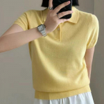 IHUASU POLO kaelusega villane kootud T-s&auml;rk Naistele Kevad ja Suvi Pullover Ka&scaron;miir Mitmek&uuml;lgne L&uuml;hikeste varrukatega Moodne Aluskiht Jumper S kollane