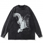 Streetwear Fallen Angel Graphic Washed Black T-s&auml;rk puuvillast unisex pluss-suuruses pikkade varrukatega T-s&auml;rk S must