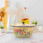 Vanaaegne emailitud seapekikauss kaanega, k&ouml;&ouml;gisegisti, emailitud n&otilde;ud, maitseainete anum, &otilde;li, ideaalne sissekolimine