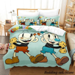 M&auml;ngu Cuphead Mugman Voodipesukomplekt Multikas Anime kolmeosaline komplekt T&auml;iskasvanu Laps Magamistuba Tekikoti komplektid 3D Kawaii kaheinimesevoodi 70x133cm 2pcs gray