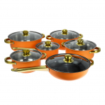 Roostevabast terasest mittenakkuv pott, kullatud k&auml;epide, topeltp&otilde;hi, supipott, piimapott, pannikomplekt, 12 tk oranž