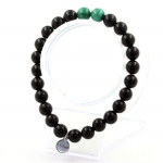 Pierres et Min&eacute;raux. Bracelet Perles Malachite du Congo + Agate noire 8 mm. Fabriqu&eacute; en France.