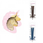 Kit pour biscuit en relief Licorne + 2 Stylos au chocolat marron et bleu nuit