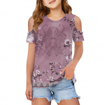 Summer kids fashion off-the-shoulder T-shirt with a floral print collar 110
