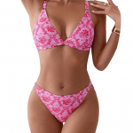 2 tk/komplekt Seksikas bikiinikomplekt Lilleline tr&uuml;kk Kolmnurkne pael K&otilde;rge l&otilde;ikega ujumistrikoo Reguleeritavad spagetirihmad Traadita rinnahoidja Brasiilia l&otilde;ikega bikiinip&uuml;ksid Komplekt S