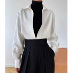 Vintage pluusid Harajuku valged sinised s&auml;rgid lahtised elegantsed naiste topid kontoririided naiste ilma n&ouml;&ouml;pideta V-kaelusega s&uuml;gisriided S valge