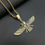 M&uuml;stiline Faravahar Ahura Ripats Kuldne V&auml;rv Roostevaba Teras Zoroastrianist Kaelakee Naistele Meestele Iraani Usuline Ehtekarp Kingitus 55cm