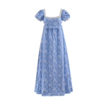 Vintage Regency stiilis lilleline maksikleit, puhvis varrukatega imperaatorliku v&ouml;&ouml;kohaga teekleit naistele, ideaalne Bridgertoni cosplay'ks ja pidudeks XL sinine