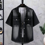 Suvised Meeste R&otilde;ivad Denim L&uuml;hikeste Varrukatega S&auml;rk Meeste Retro &Otilde;huke Hele Sinine Vabaaja Top &Uuml;li&otilde;pilase Poolvarrukaga S&auml;rk Taskuga XS must