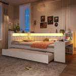 Polsterdatud 140x200 p&auml;evavoodi USB-portide ja LED-riba, v&auml;ljat&otilde;mmatava voodi ja kirjutuslauaga, valge 237 x 153.5 x 93.5 cm valge