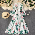 2021. aasta kevads&uuml;gis, Boheemlaslik lilleline pidu, pikk naiste kleit, o-kaelus, pikkade varrukatega, elegantne tr&uuml;kitud Maxi Vestidos uus mood S valge