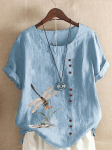 Suvine Casual Dragonfly Print Lahtine T-s&auml;rk Retro puuvillane ja linane O-kaelusega plusssuuruses l&uuml;hikeste varrukatega naiste topp XS-5XL XL