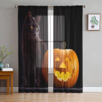 Kass K&otilde;rvits Must Halloween Oranž T&uuml;ll Aknakardinad Elutuba Organza Sheer Voile kardin Magamistoa K&ouml;&ouml;k Kodukaunistus W135 x H115cm x1