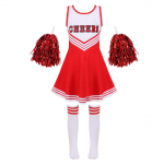 T&uuml;drukute ergutust&uuml;drukute vormiriietus, laste cheerleader-riietus, &uuml;mmargune kaelus lapiline stiilis tantsukleit, lill ja sokid 8-10 Years punane