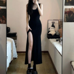 Must varrukateta rihmakleit naistele Seksikas Slim Fit k&uuml;ljel&otilde;hikuga Ebaregulaarne Maxi Kleit Suvine Korea Lihtne &Uuml;hes t&uuml;kis kleidid S must