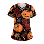 Suures suuruses tr&uuml;kitud Scrub t&ouml;&ouml;vormi topid Naistele V-kaelusega Halloweeni tr&uuml;kiga l&uuml;hikeste varrukatega l&otilde;busad T-s&auml;rgid taskutega t&ouml;&ouml;riiete T-s&auml;rk M must