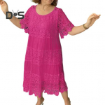 Naiste suvine kleit &Otilde;&otilde;nes pits, &uuml;mmargune kaelus, plisseeritud &uuml;hev&auml;rviline, kesk s&auml;&auml;repikkusega avara pulover, l&uuml;hikeste varrukatega lilltikandiga midikleit XXL roosa punane v&auml;rv