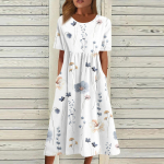 Naiste Boho lilleline Flowy A Line Midi-kleit vabaaja suvine vaba l&uuml;hikeste varrukatega rannapuhkusekleidid taskutega XXL valge
