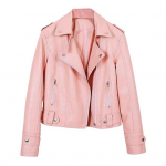 Naiste jakk Kunstnahast sileda pinnaga Keeratav krae T&otilde;mblukuga t&otilde;mblukk ja neet Dekoratsiooniga pikad varrukad Mootorrattamantel reisi&uuml;ler&otilde;ivad M roosa