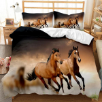Hobuste tekikotikomplekt Grupp pruune jooksevaid hobuseid Voodipesukomplekt 3D Loom Metsik Hobune Queen King Size Pol&uuml;ester Tekikott 200x230cm 3pcs